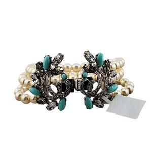 BEN AMUN Multi Strand Pearl Turquoise Crystal Stretch Bracelet 6"